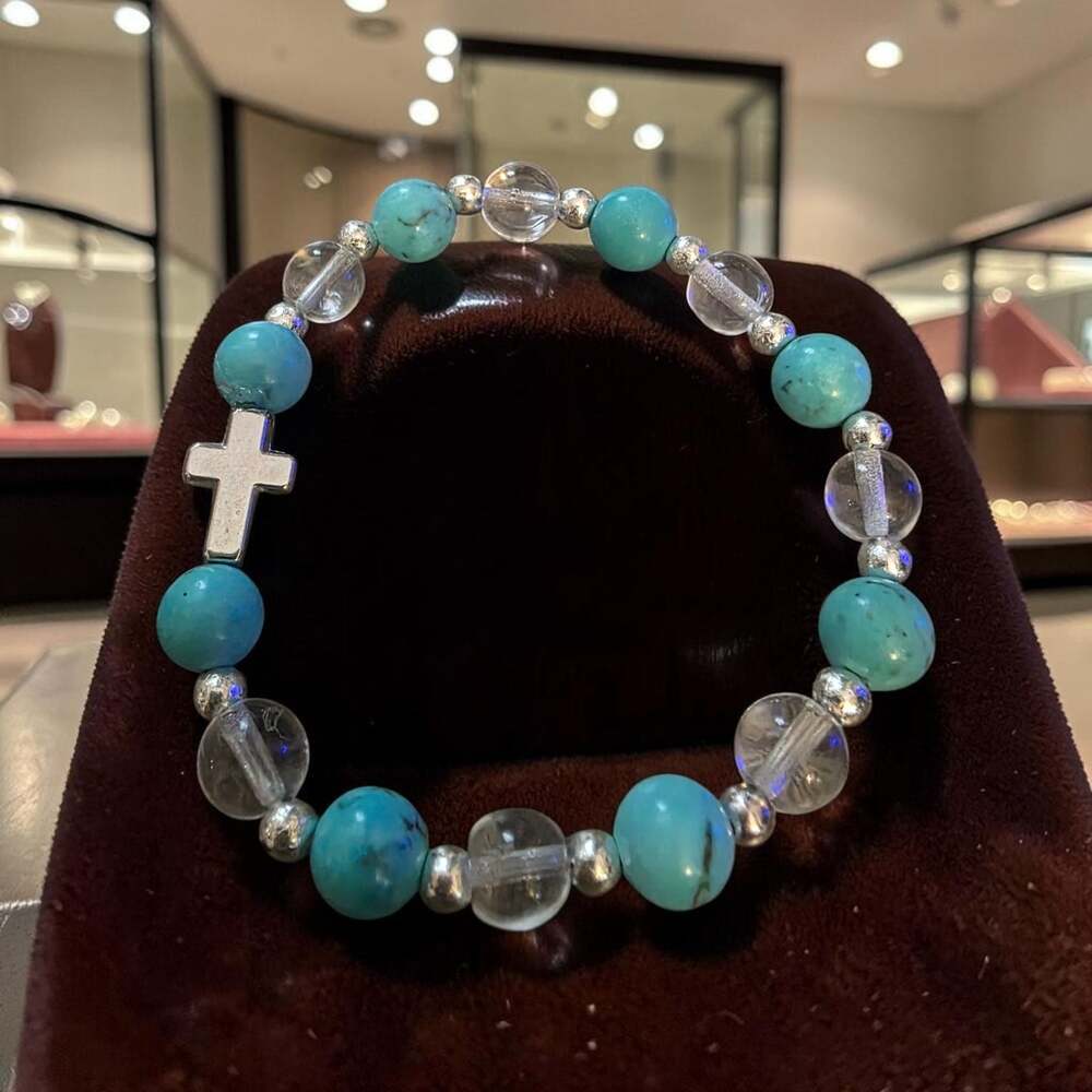 Turquoise and Clear Quartz Bead Elastic Bracelet with Silver Cross Charm